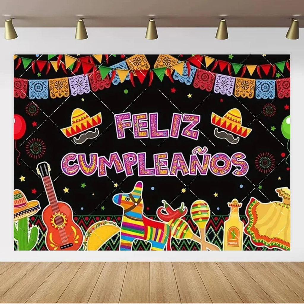 Mexican Fiesta Photo Backdrop — Cinco de Mayo Cactus & Guitar Party Banner