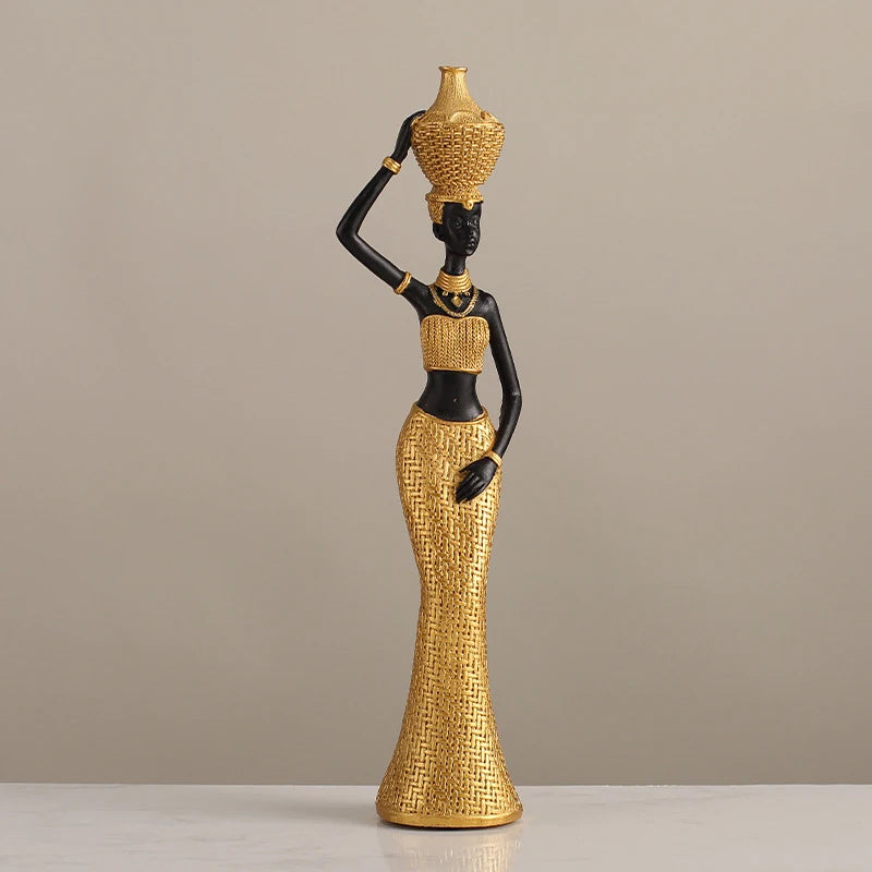 African Woman Vessel Sculpture — Black & Gold Resin Décor