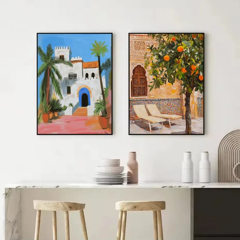 Retro Moroccan Tile Mediterranean Courtyard Orange Tree Mosaic Arch Architecture Canvas Poster Wall Art Pictures Home Decor