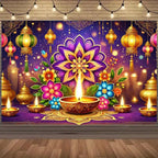 Happy Diwali Backdrop — Diya & Lotus Festival Photo Banner, 25 Designs