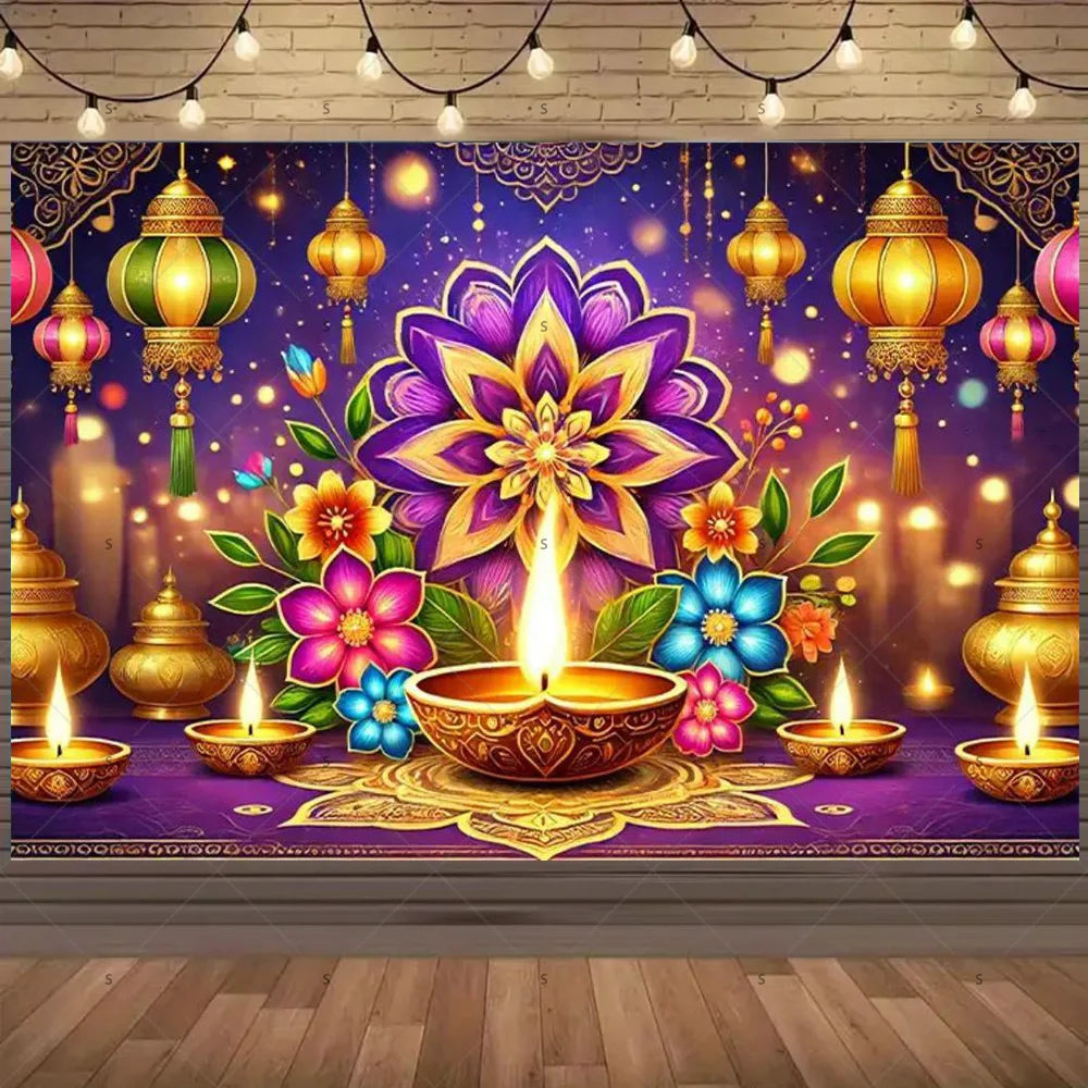 Happy Diwali Backdrop — Diya & Lotus Festival Photo Banner, 25 Designs