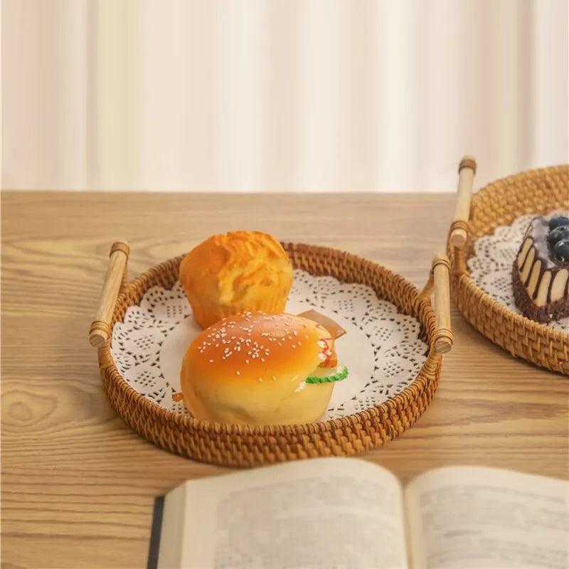 Rattan Woven Round Tray — Handcrafted Fruit & Snack Basket
