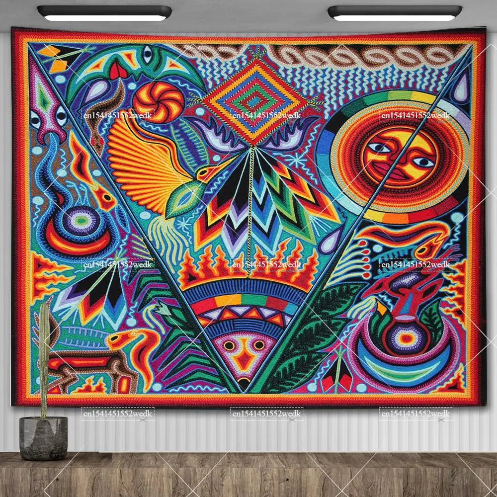 Huichol-Inspired Mexican Yarn Art Tapestry Wall Hanging – Vibrant Mandala Home Decor