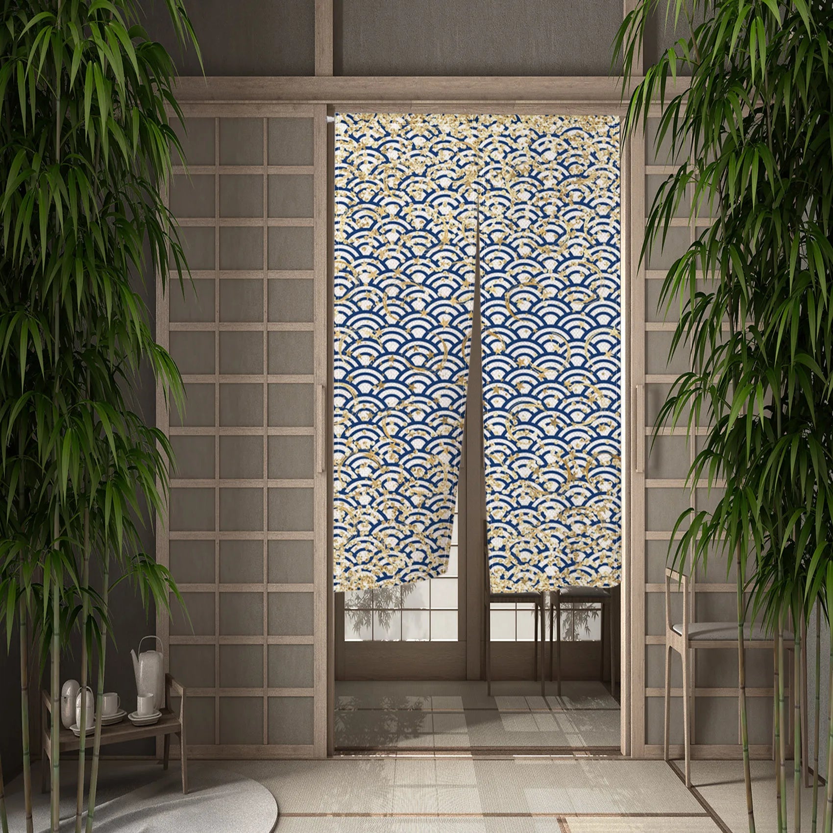 Traditional Japanese Wave Pattern Door Curtain Linen Durable Stylish Bedroom Kitchen Entrance Decor Partition Half Curtain