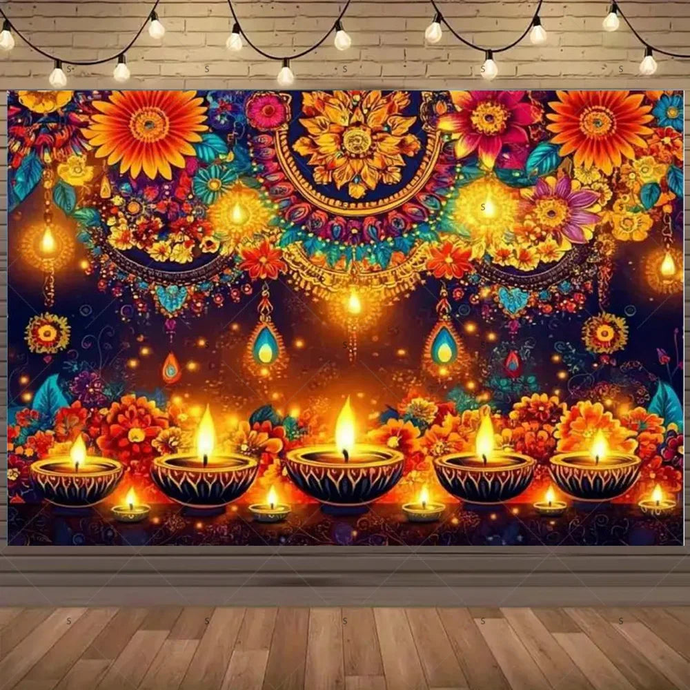 Happy Diwali Backdrop — Diya & Lotus Festival Photo Banner, 25 Designs