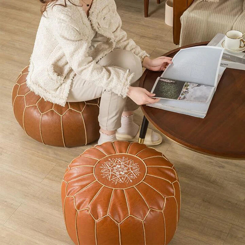 Moroccan Leather Pouf Cover — Hand-Embroidered Round Ottoman, Unstuffed