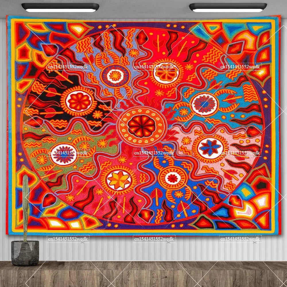 Huichol-Inspired Mexican Yarn Art Tapestry Wall Hanging – Vibrant Mandala Home Decor