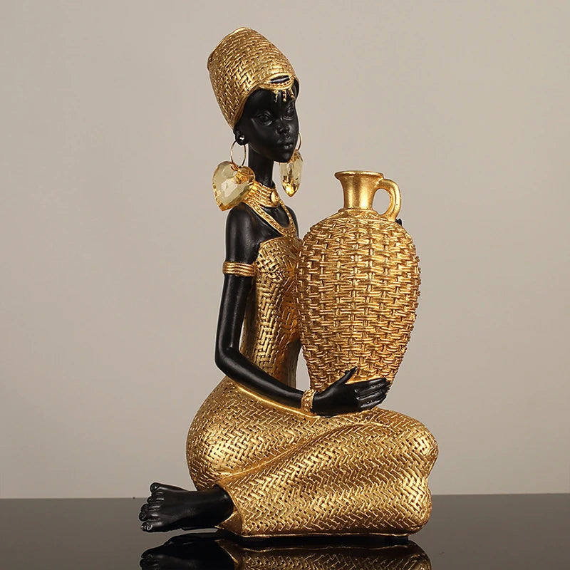 African Woman Vessel Sculpture — Black & Gold Resin Décor