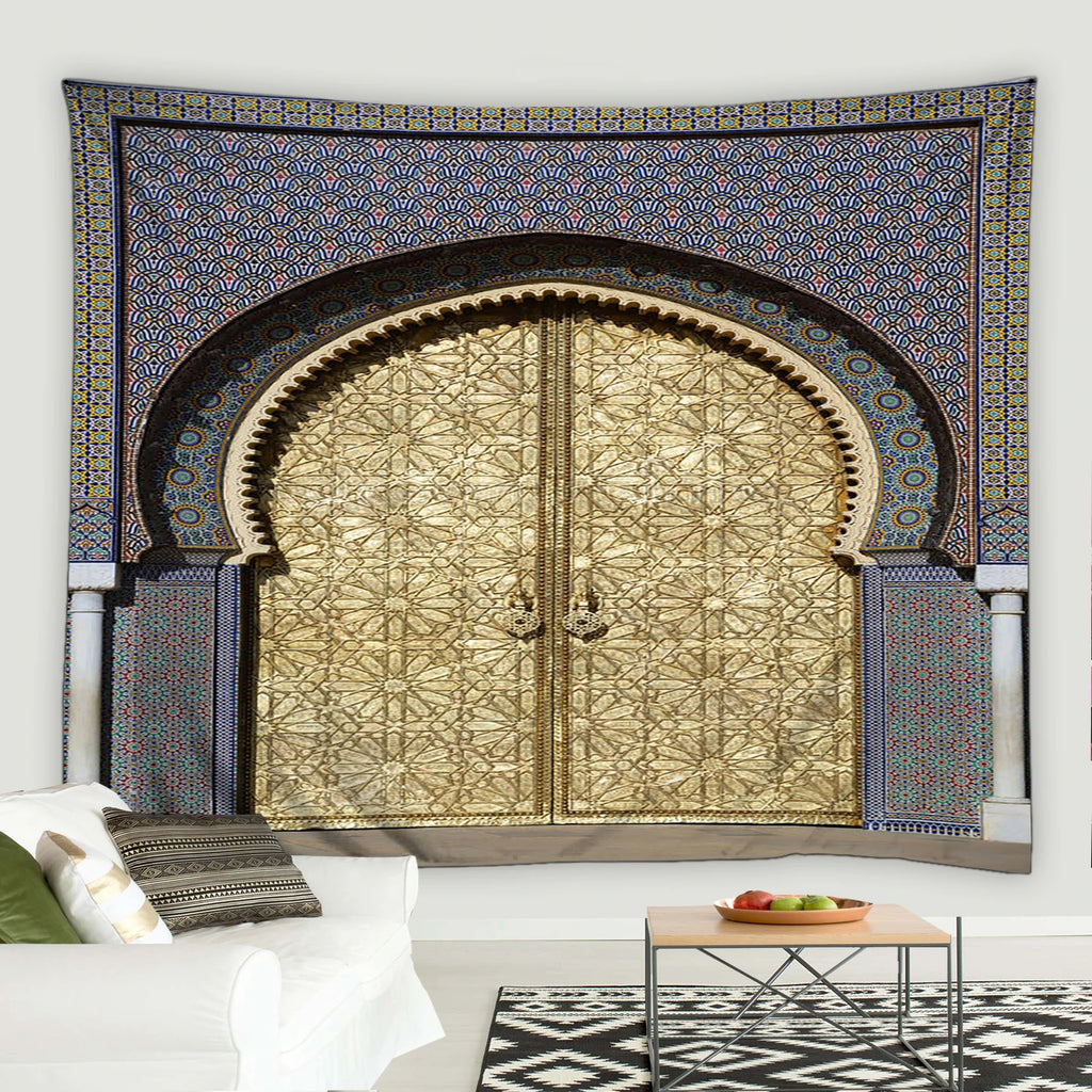 Blue Moroccan Arch Tapestry — Islamic Geometric Wall Hanging
