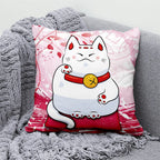Lucky Cat & Mount Fuji Cushion Cover — Japanese Art Pillow