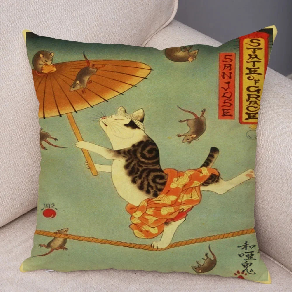 Vintage Japanese Samurai Cat Tattoo Cushion Cover Decor Retro Animal Pillowcase Sofa Home Car