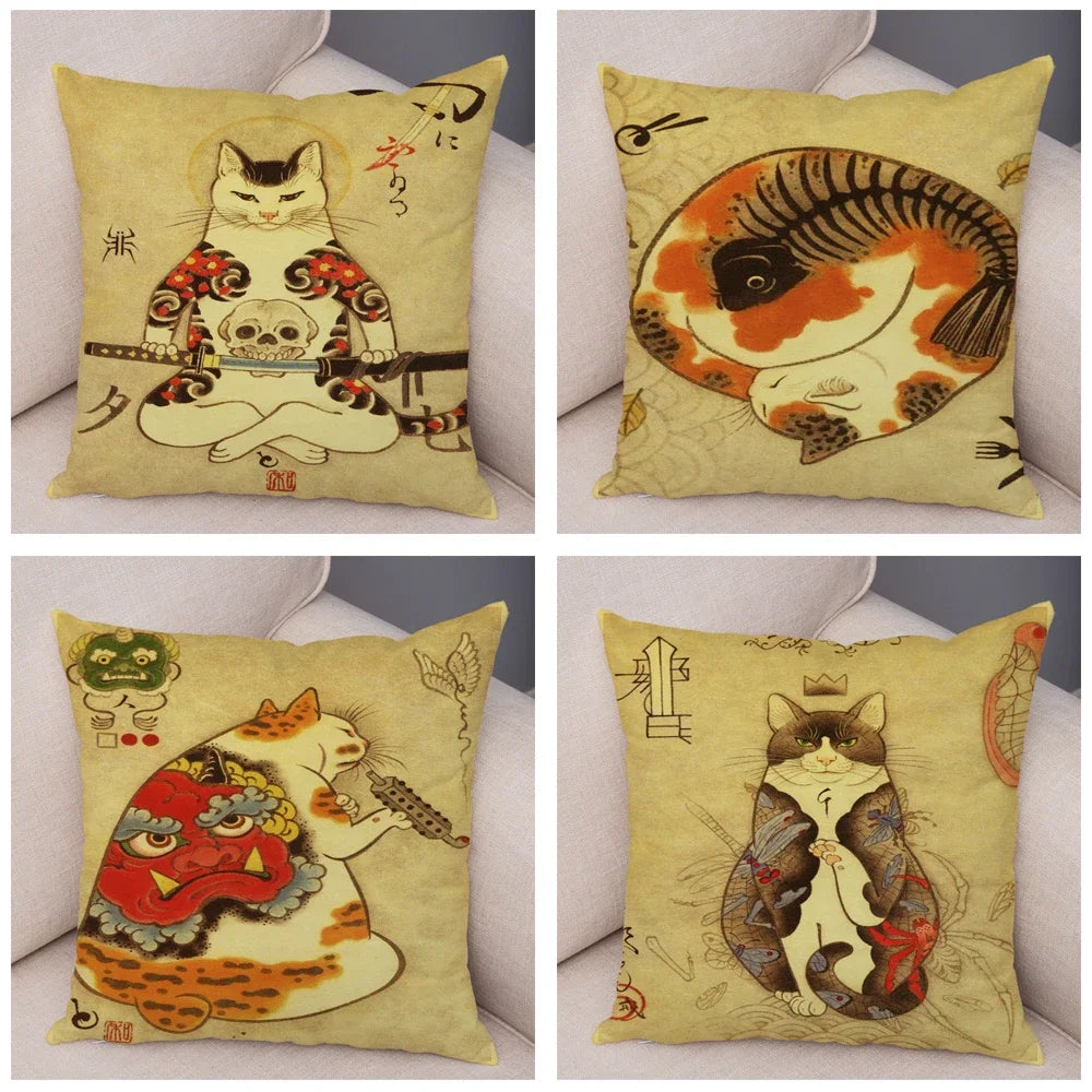 Vintage Japanese Samurai Cat Tattoo Cushion Cover Decor Retro Animal Pillowcase Sofa Home Car