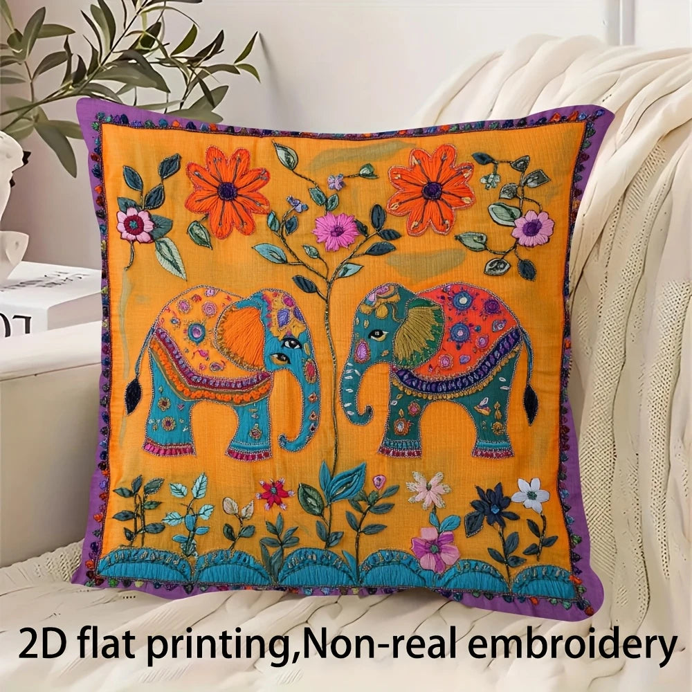 2D flat- # Bohemian Twin Elephant Floral Square Throw Pillow Cover Decorative Cushion Case for Home Sofa Bedroom