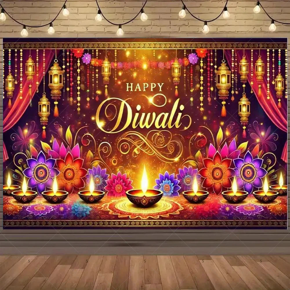 Happy Diwali Backdrop — Diya & Lotus Festival Photo Banner, 25 Designs