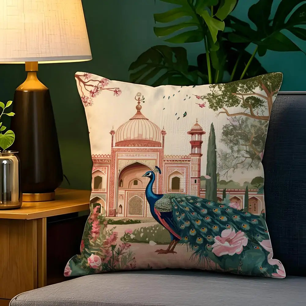 Taj Mahal Peacock Garden Cushion Cover — Mughal-Inspired Decorative Pillowcase