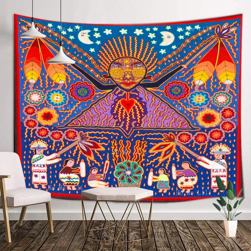 Huichol Sun & Moon Yarn Art Tapestry — Mexican Folk Wall Décor