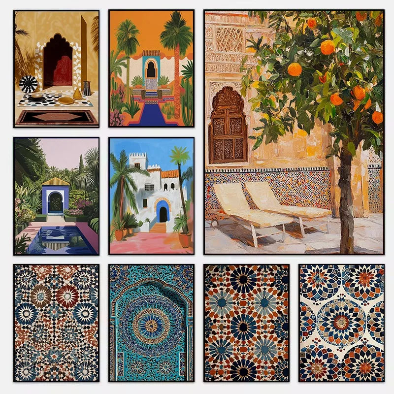 Moroccan Courtyard Mosaic Canvas Print — Mediterranean Arch Wall Art