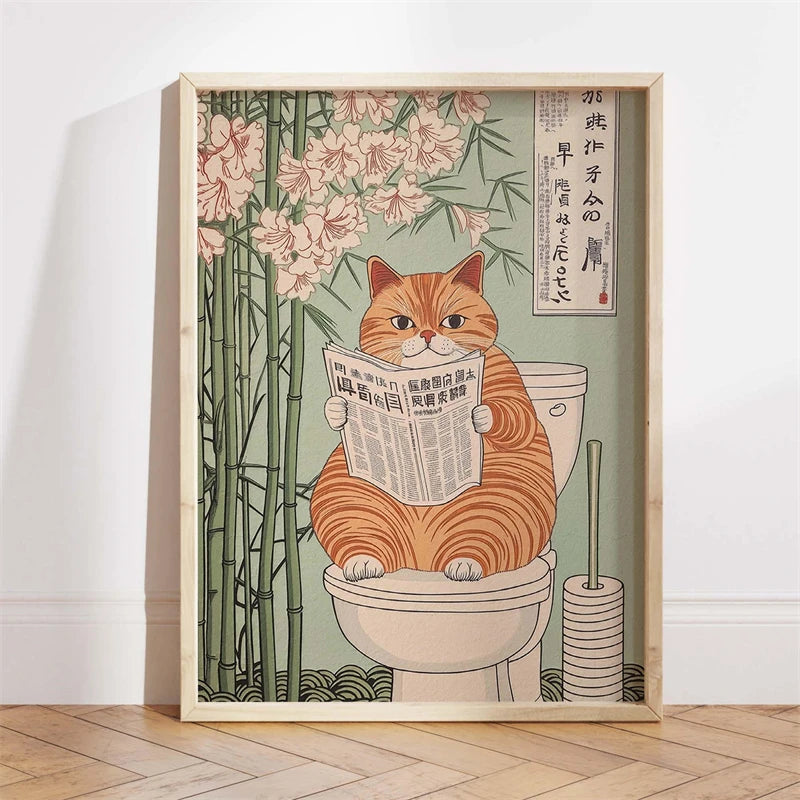 Japanese Ukiyo-e Style Funny Black Cat Bathroom Poster Print Canvas Painting Wall Art Picture for Kitchen Bathroom Home Decor