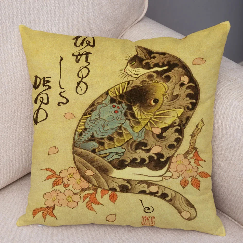 Vintage Japanese Samurai Cat Tattoo Cushion Cover Decor Retro Animal Pillowcase Sofa Home Car