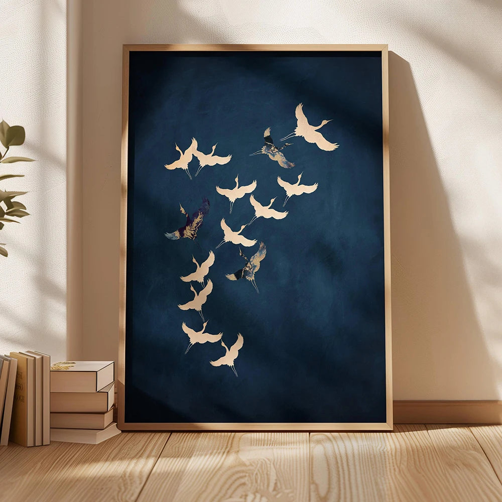 Japandi Flying Birds Wall Art — Sage Green & Gold Print