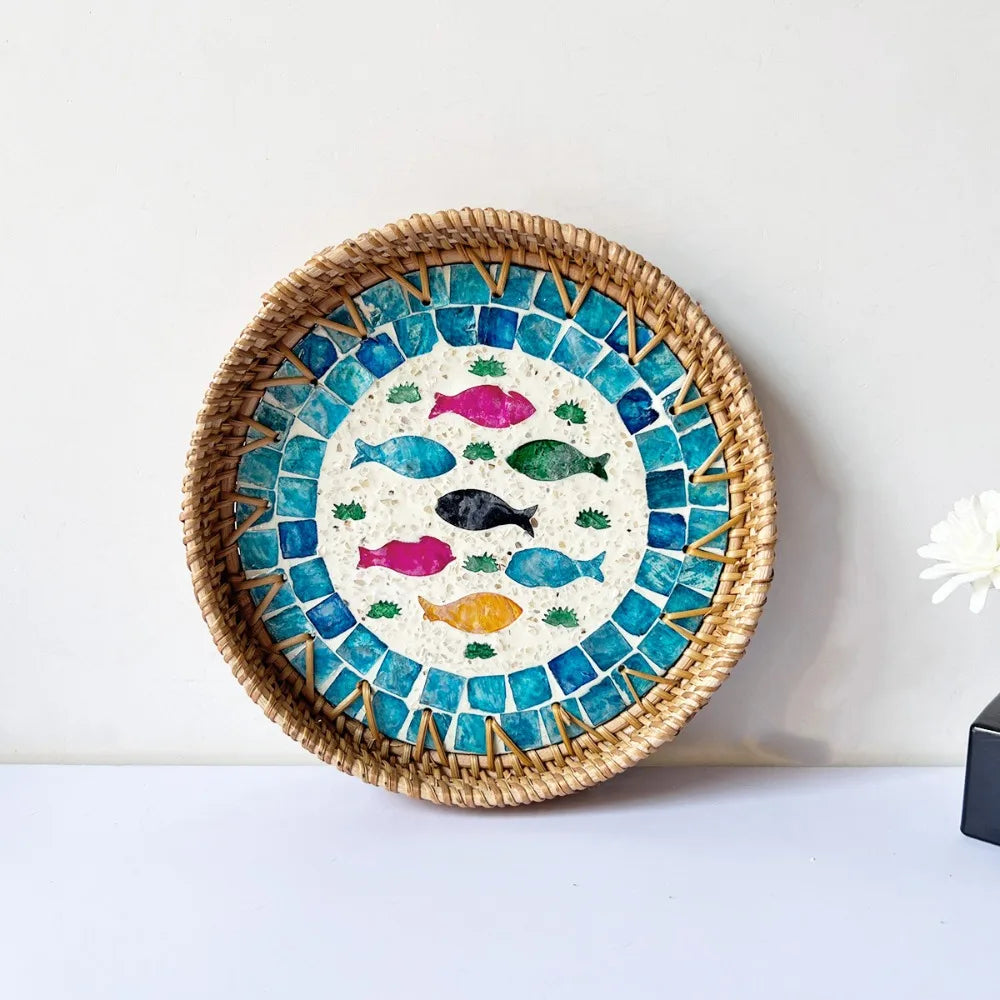 Capiz Shell Mosaic Woven Rattan Tray — Filipino-Inspired Wall & Serving Décor