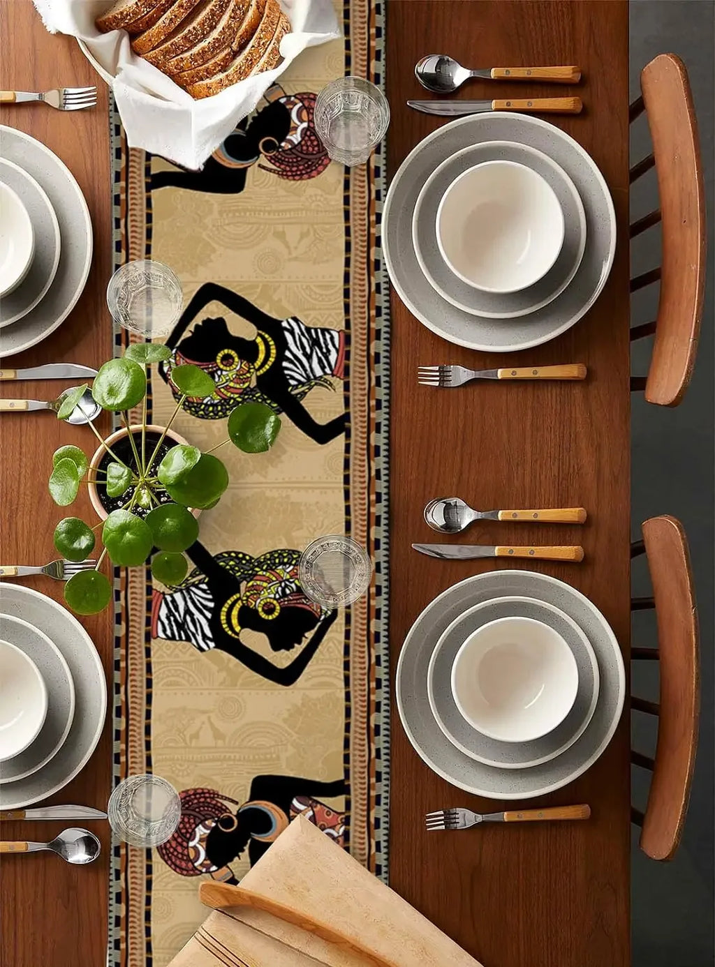 African Woman Linen Table Runner — Boho Farmhouse Style