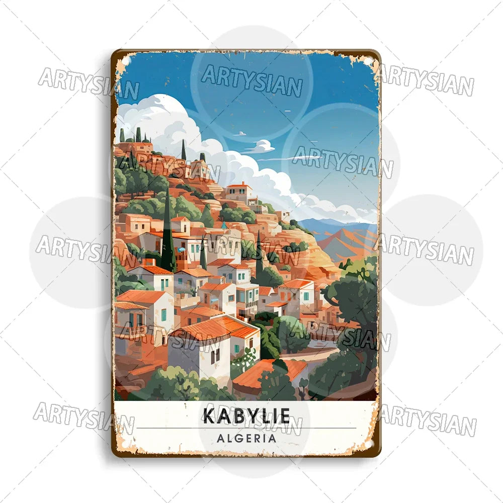 Maghreb Travel Cityscape Metal Sign Egypt Algiers Algeria Djerba Tunisia Marrakesh Morocco Alger Hoggar Oran Casablanca Agadir