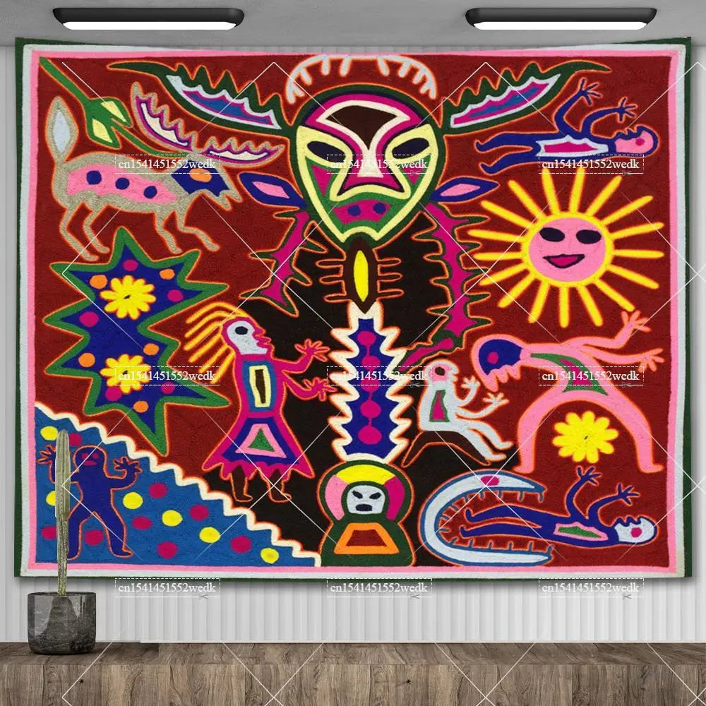 Huichol-Inspired Mexican Yarn Art Tapestry Wall Hanging – Vibrant Mandala Home Decor