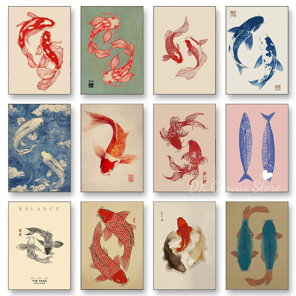 Vintage Koi Fish Canvas Print — Japandi Aesthetic Wall Art