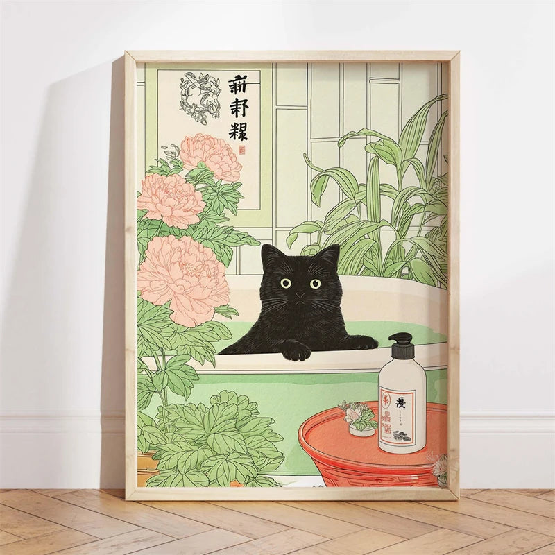 Japanese Ukiyo-e Style Funny Black Cat Bathroom Poster Print Canvas Painting Wall Art Picture for Kitchen Bathroom Home Decor