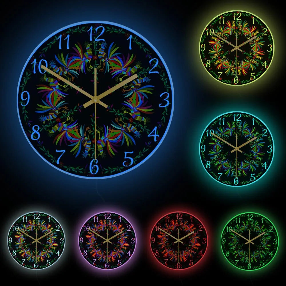 Otomi Bird Wall Clock with white frame and color-changing LED backlight