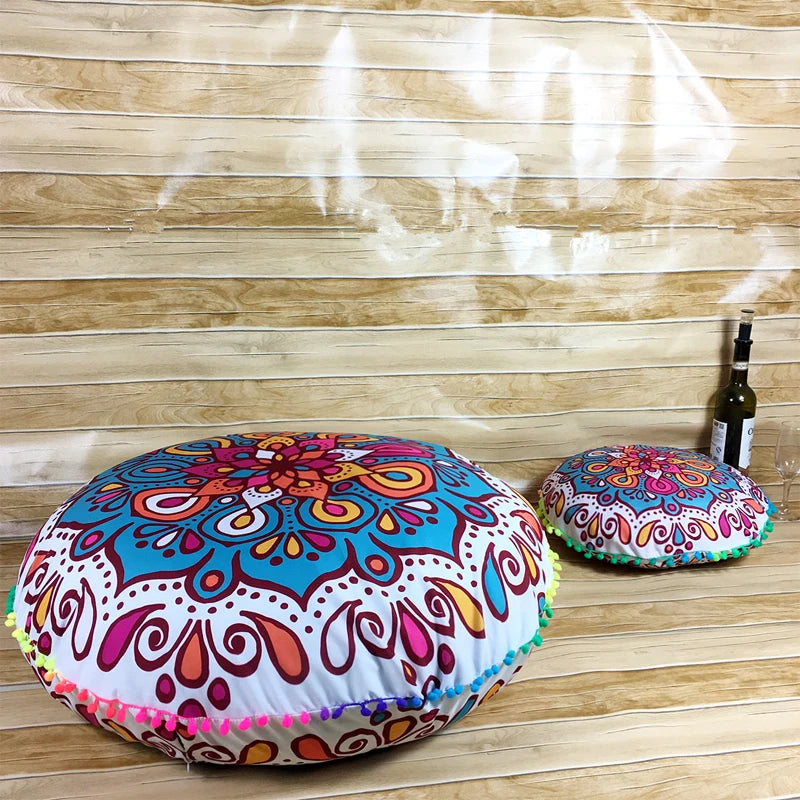Indian Mandala Round Floor Cushion Cover — Boho Pom-Pom Pouf Cover