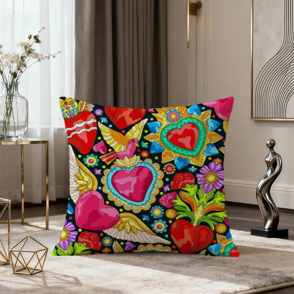 Milagro Sacred Heart Pillow Cover — Mexican Folk Art Cushion Cover
