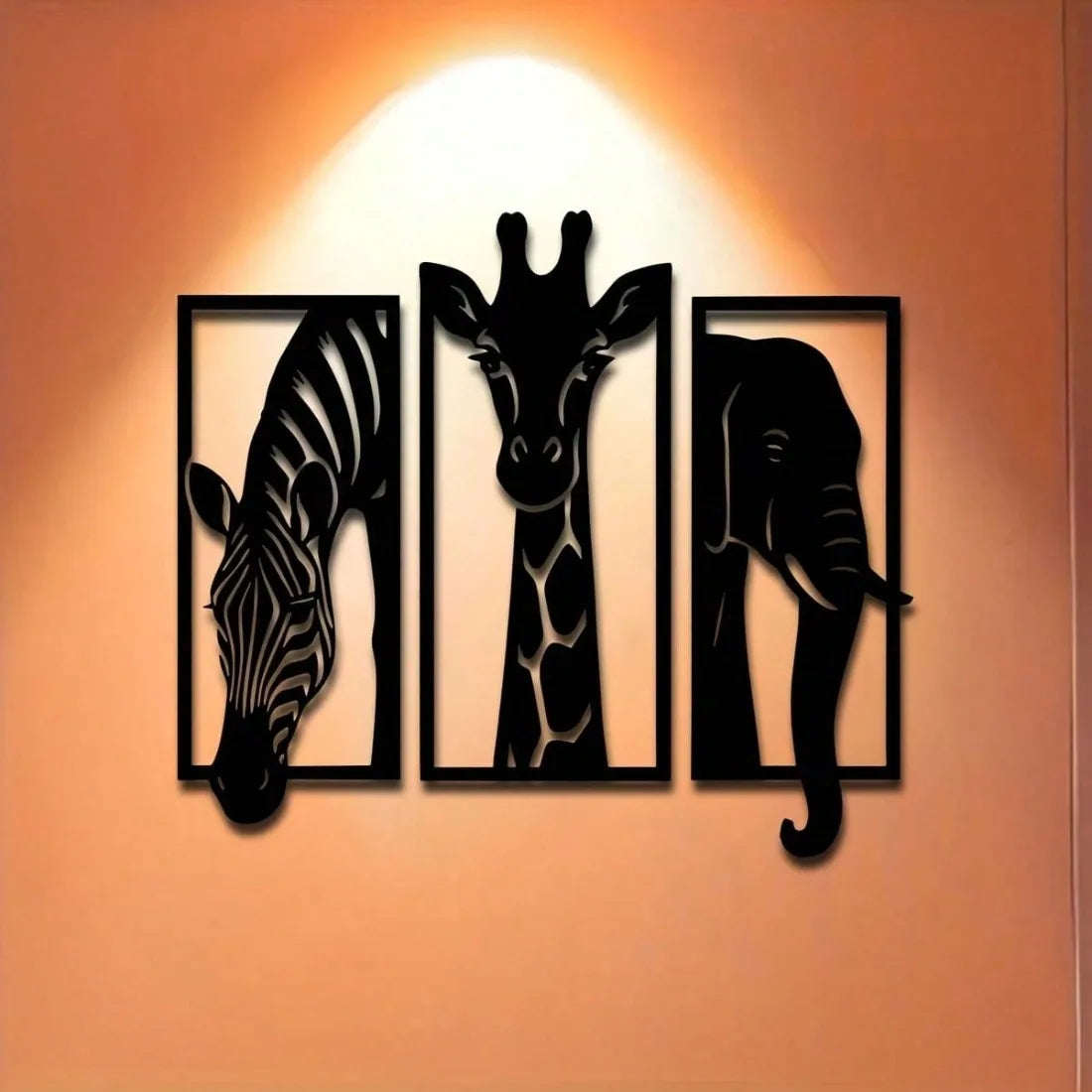 Safari Animal Metal Wall Art Set — 3-Piece Elephant, Giraffe & Zebra Décor