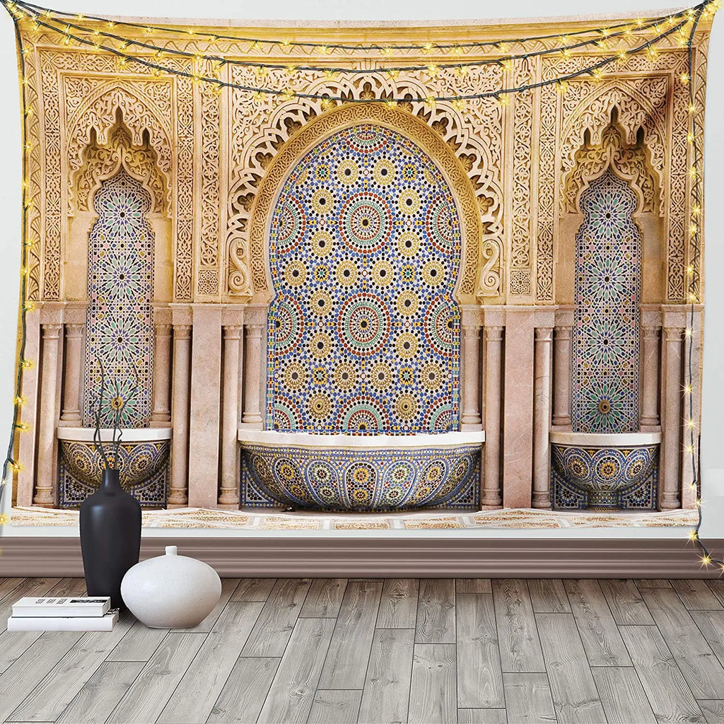 Blue Moroccan Arch Tapestry — Islamic Geometric Wall Hanging