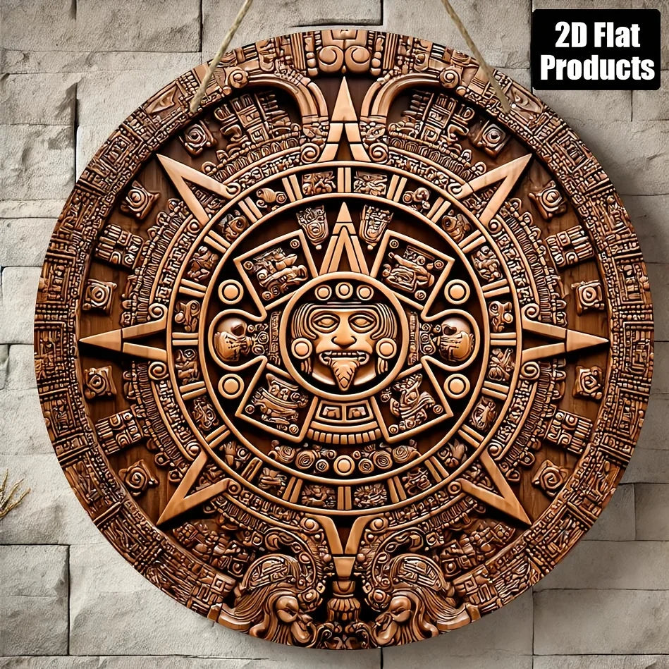 Aztec Sun Stone Wall Plaque – Vintage Wood-Style Carved Wall Art, 8x8 Inch Rustic Home Decor