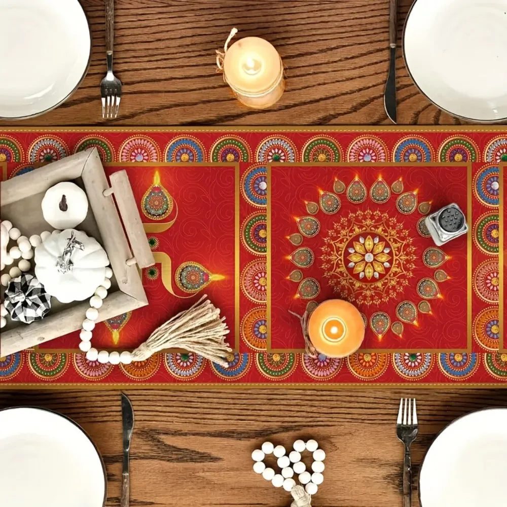 Diwali Elephant Table Runner — Red & Gold Festive Décor