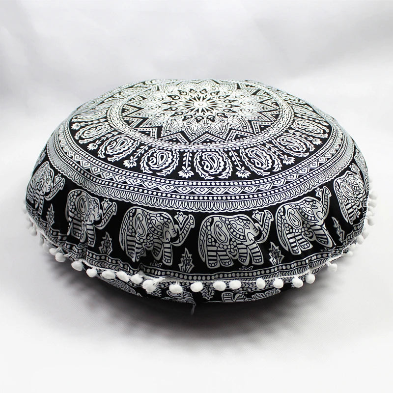 Indian Mandala Round Floor Cushion Cover — Boho Pom-Pom Pouf Cover