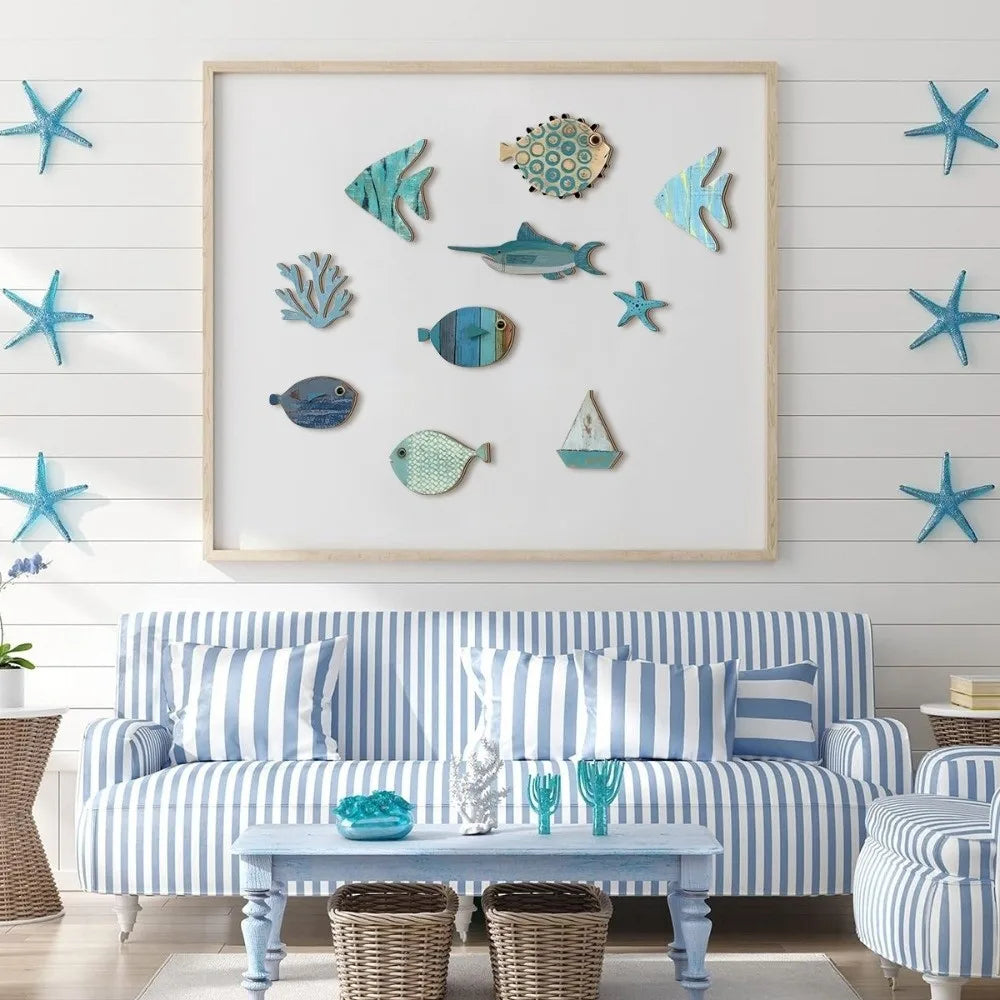10Pcs Creative Rustic Ocean Animal Decoration Retro Funny Wooden Decorations Wall Art Fish Decorative Plate Summer Outdoor