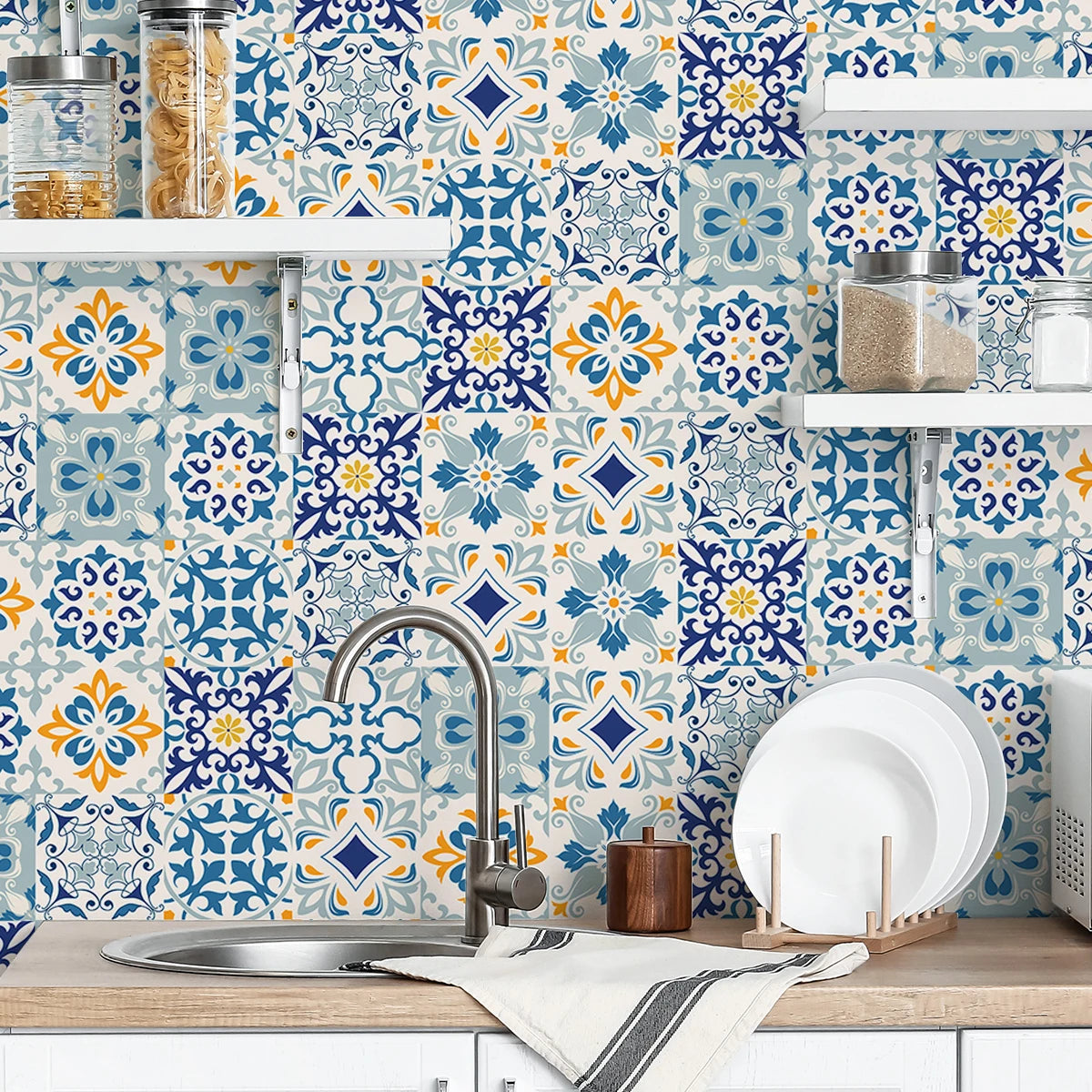 Moroccan Vintage Floral Tile Stickers, Self-Adhesive Moisture-Resistant, Removable Vinyl Home Decor for Kitchens, Bathrooms