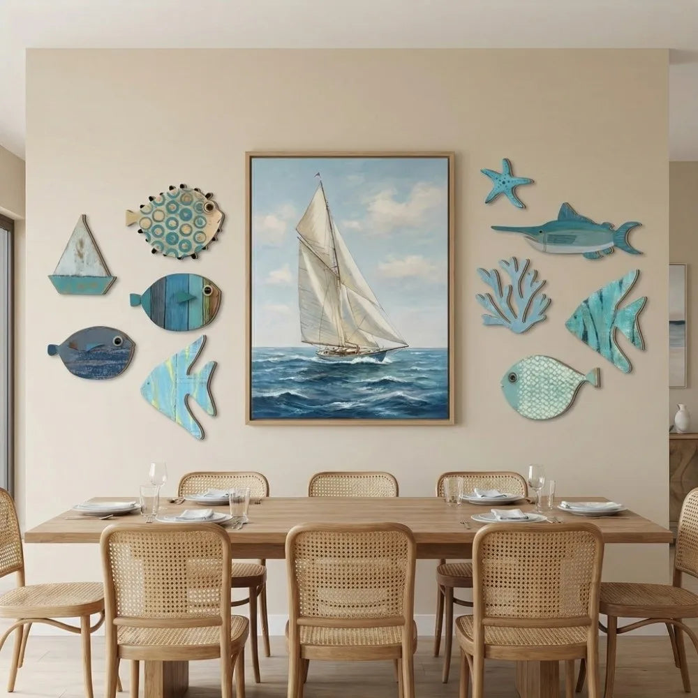 Rustic Ocean Fish Wall Art — 10-Piece Wooden Decorative Plates