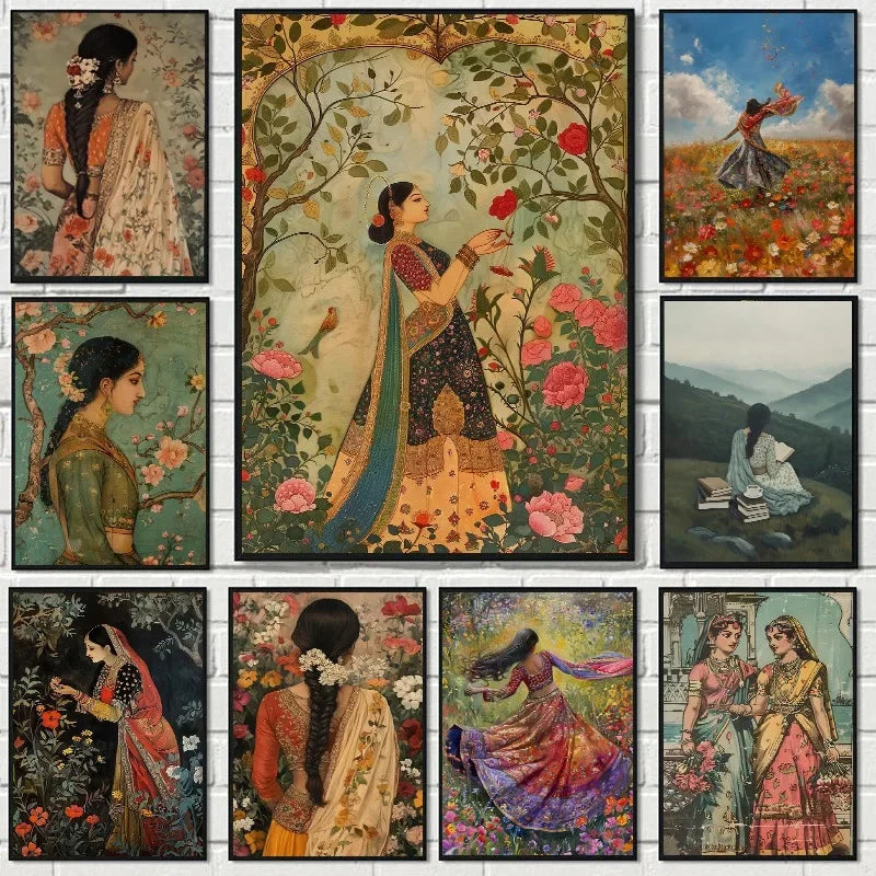1pc frameless Canvas Painting  Vintage Indian Mughal Inspired Woman Portrait Poster Traditional Indian Pakistani works Canvas Pa
