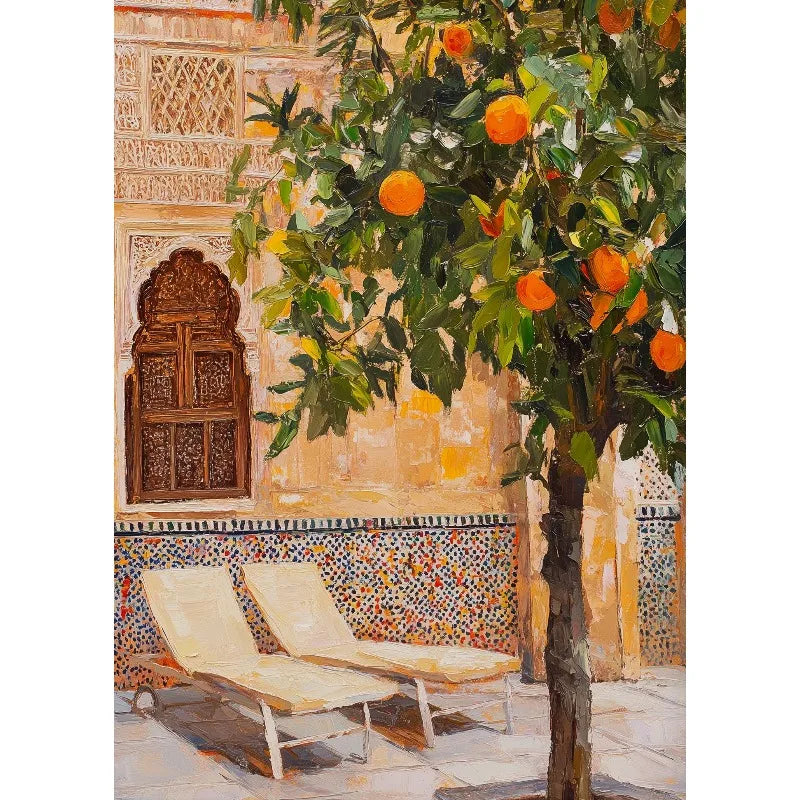 Retro Moroccan Tile Mediterranean Courtyard Orange Tree Mosaic Arch Architecture Canvas Poster Wall Art Pictures Home Decor