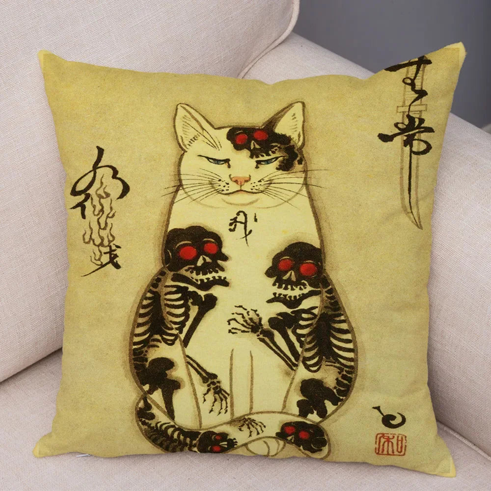 Vintage Japanese Samurai Cat Tattoo Cushion Cover Decor Retro Animal Pillowcase Sofa Home Car
