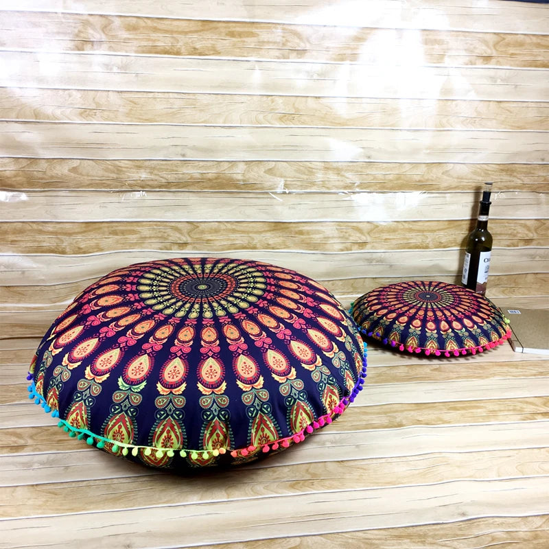 Indian Mandala Round Floor Cushion Cover — Boho Pom-Pom Pouf Cover