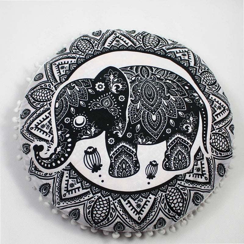 Indian Mandala Round Floor Cushion Cover — Boho Pom-Pom Pouf Cover