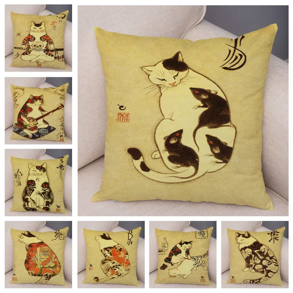 Samurai Cat Cushion Cover — Vintage Japanese Tattoo Art
