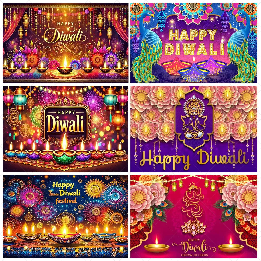 Happy Diwali Backdrop — Diya & Lotus Festival Photo Banner, 25 Designs