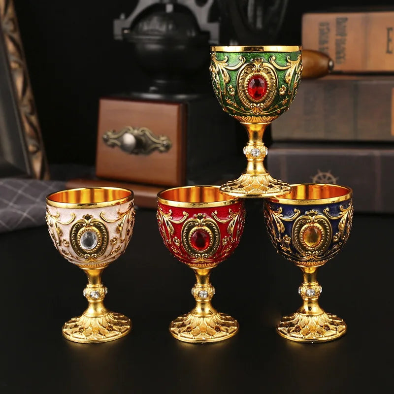 Vintage Embossed Metal Wine Goblet — Gemstone Accent Decorative Cup