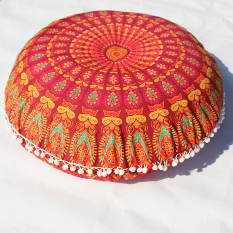 Indian Mandala Round Floor Cushion Cover — Boho Pom-Pom Pouf Cover